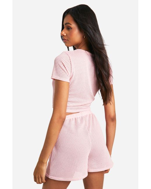 Boohoo Pink Tall Waffle Lounge T-shirt And Shorts Set