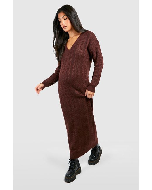 Boohoo Brown Maternity Cable Knit V Neck Midaxi Jumper Dress