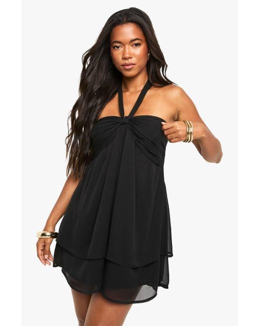 Boohoo Women's Black Chiffon Tie Detail Bandeau Smock Mini Dress