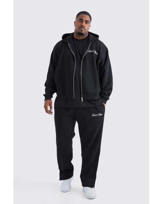 BoohooMAN Black Plus Oversized Boxy Zip Hooded Tracksuit for men
