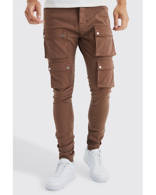 BoohooMAN Brown Tall Fixed Waist Skinny Multi Cargo Pocket Trouser for men
