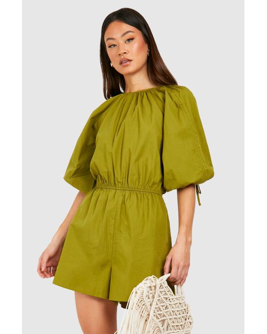 Boohoo Yellow Tall Cotton Ruched Sleeve Romper