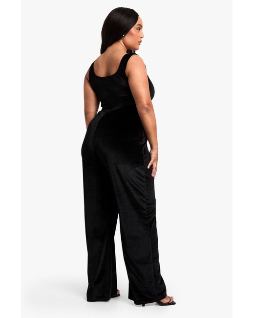 Boohoo Black Plus Velvet Corset Detail Wide Leg Jumpsuit