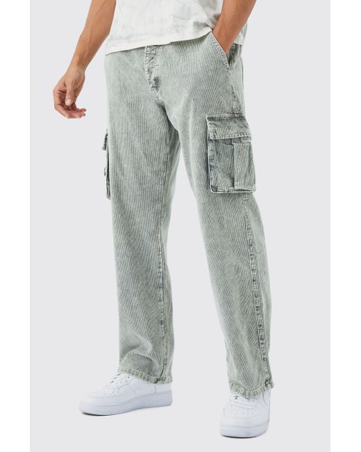 BoohooMAN Gray Relaxed Acid Wash Cord Cargo Trouser for men