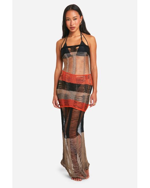 Boohoo Red Ladder Knit Colour Block Beach Maxi Dress