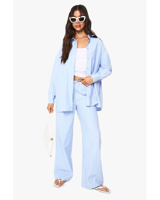 Boohoo Blue Stripe Drawstring Waist Wide Leg Trousers