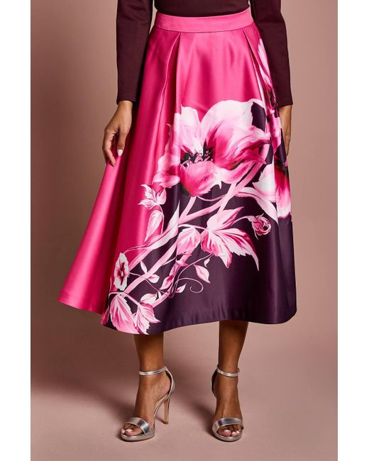 Coast Pink Petite Placement Print Satin Midi Skirt