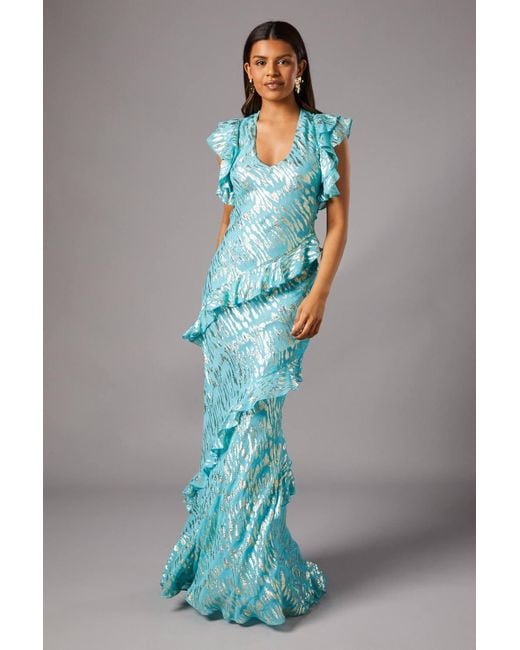 Coast Blue Petite Metallic Jacquard Frill Midi Dress