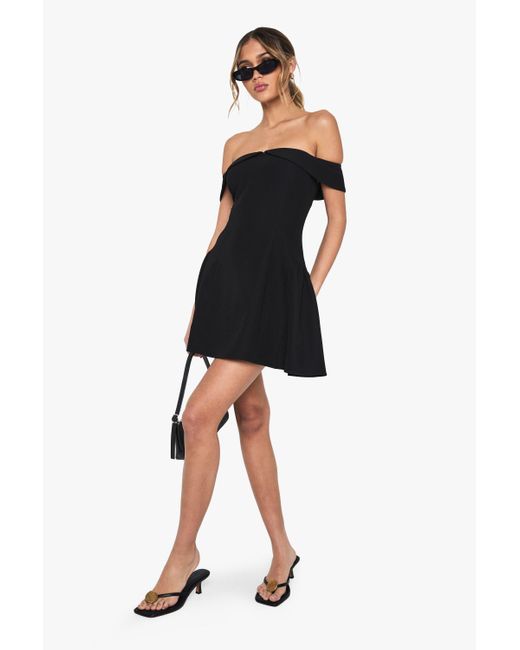 Boohoo Black Bardot Structured Skater Dress