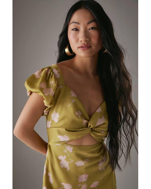 Warehouse Green Petite Satin Knot Front Cut Out Midi Dress