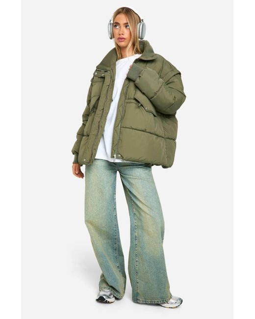 Boohoo Women's Green Rib Collar Oversized Puffer Jacket