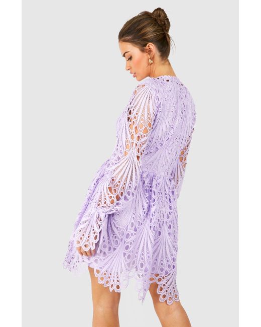 Boohoo Purple High Neck Flared Sleeve Lace Skater Dress