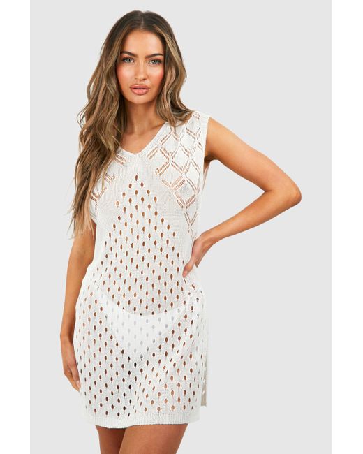 Boohoo White Crochet Knit Cover-up Beach Dress