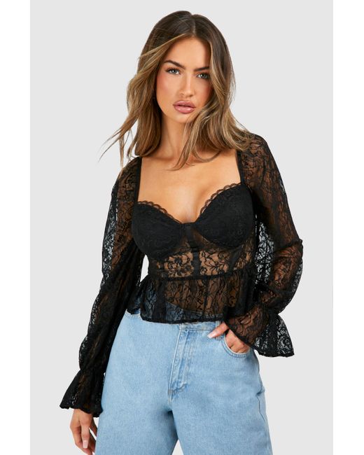 Boohoo Black Lace Cup Detail Volume Sleeve Corset