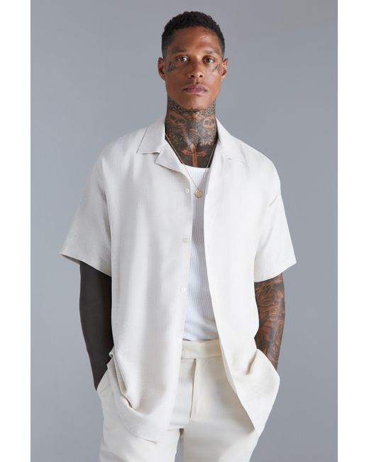 BoohooMAN White Short Sleeve Oversized Linen Shirt for men