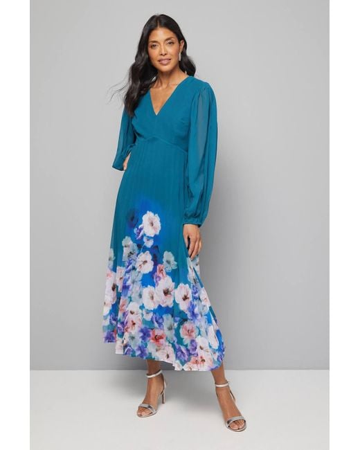 Wallis Women's Blue Floral Blouson Sleeve Pleated Midaxi Dress