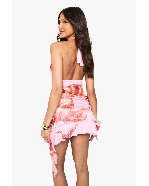 Boohoo Printed Mesh Ruffle Tierred Hem Mini Skirt