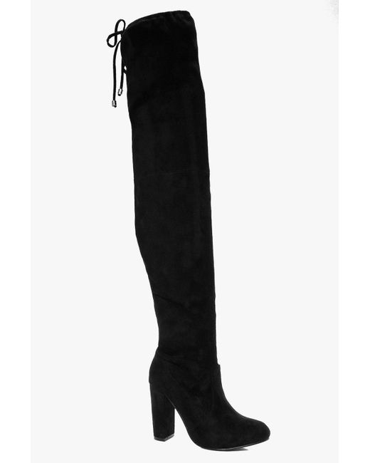 belted thigh high chunky heel chap boot