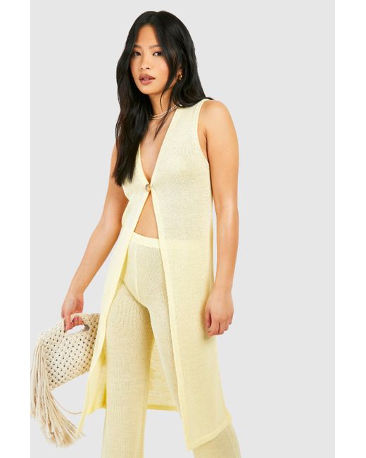 Boohoo Yellow Petite Sheer Knit Long Line Cardigan