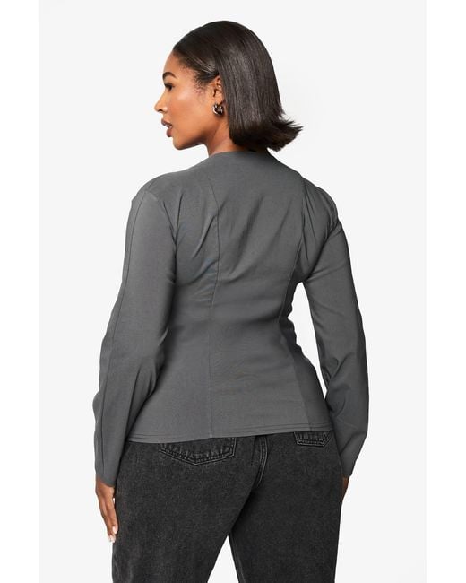 Boohoo Gray Plus Bengaline Cinched Button Down Top