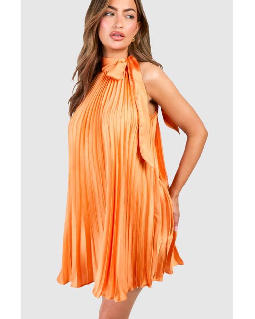Boohoo Orange Satin Pleated Halterneck Mini Dress