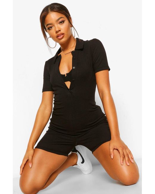 Boohoo Rib Collared Button Unitard 