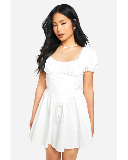 Boohoo White Petite Cotton Puff Sleeve Milkmaid Mini Dress
