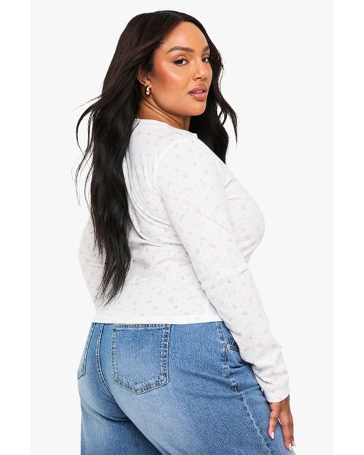 Boohoo White Plus Pointelle Ditsy Long Sleeve Button Down Fitted Top
