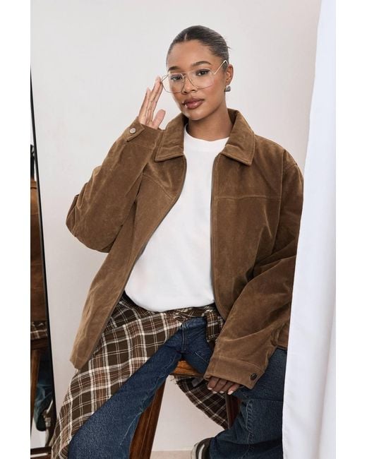 Boohoo Brown Plus Suede Collared Relaxed Jacket