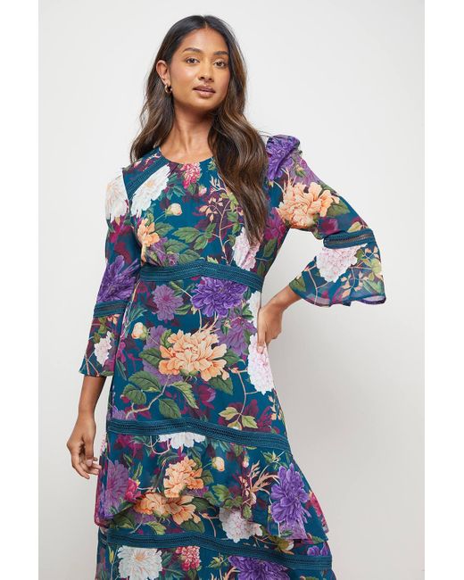Oasis Blue Printed Tiered Fluted Sleeve Lace Insert Midi Dress