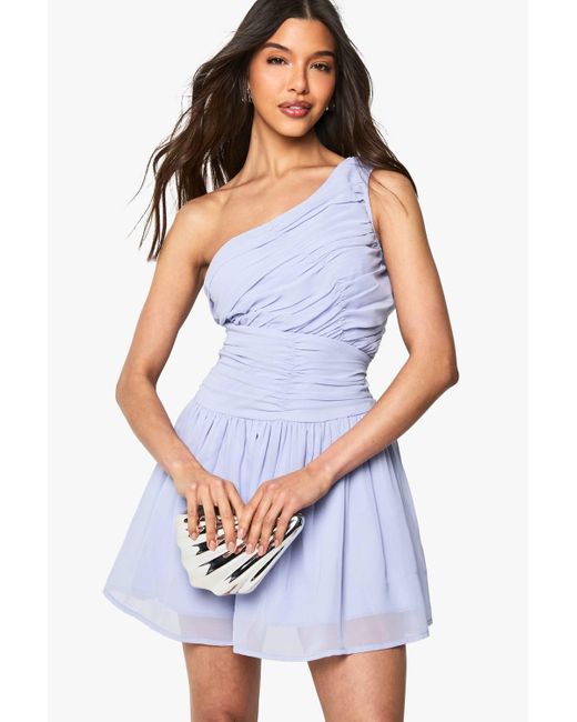 sachin and babi light blue dress Boohoo Chiffon One Shoulder Ruched Mini Dress in Blue