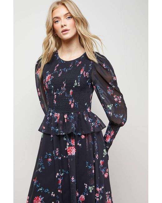 Oasis Blue Western Shirred Bodice Long Sleeve Dress