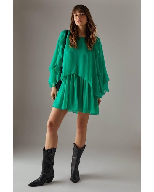 Warehouse Green Chiffon Ruffle Flared Sleeve Mini Smock Cape Dress