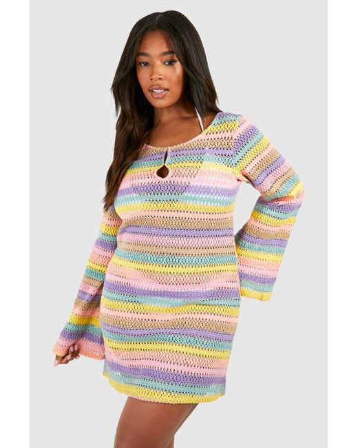 Boohoo Multicolor Plus Rainbow Stripe Crochet Beach Dress