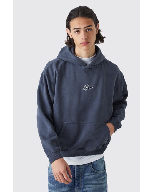 BoohooMAN Blue Man Oversized Boxy Acid Washed Hoodie for men