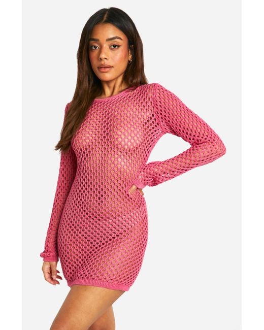 Boohoo Red Crochet Cover-up Beach Mini Dress