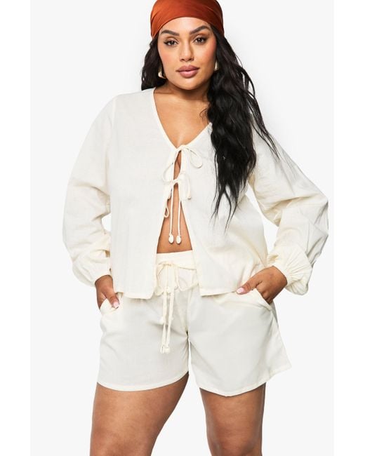 Boohoo White Plus Shell Trim Tie Front Beach Co Ord