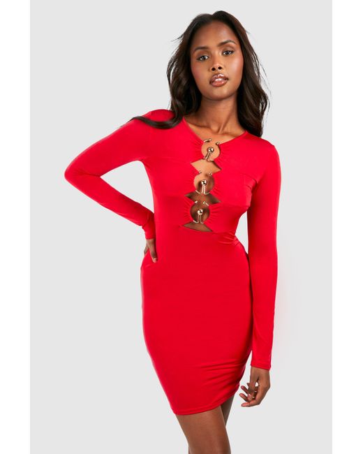 Boohoo Red Long Sleeve Cut Out Slinky Mini Dress