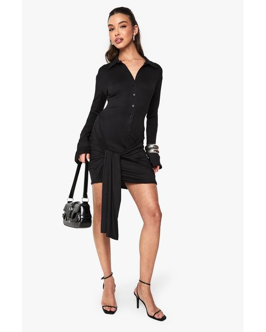 Boohoo Black Button Down Drape Mini Dress