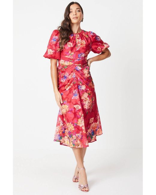 Coast Red Petite Printed Puff Sleeve Midi Dress