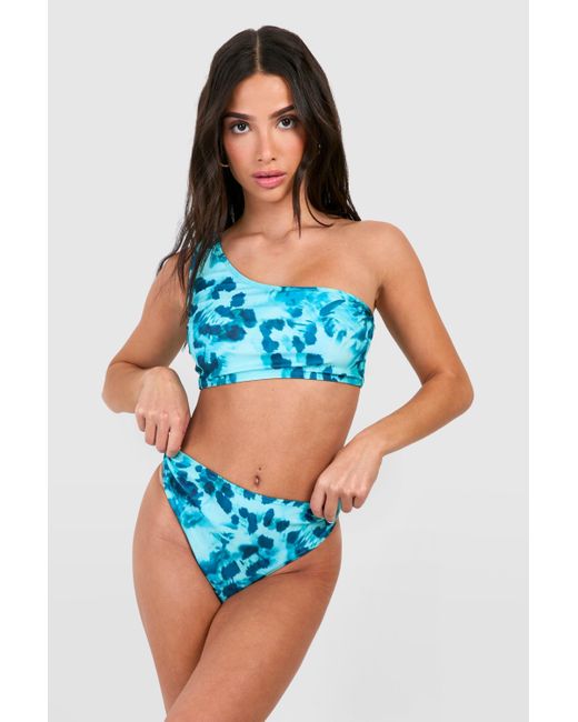 Boohoo Blue Petite Abstract Animal One Shoulder Bikini Set