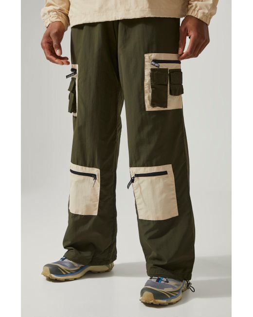 BoohooMAN Green Active Wide Leg Matte Nylon Cargo Trousers for men