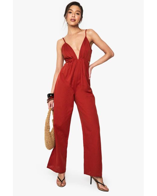 Boohoo Red Linen Look Strappy Cut Out Jumpsuit