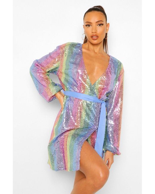 rainbow sequin blouson sleeve wrap dress