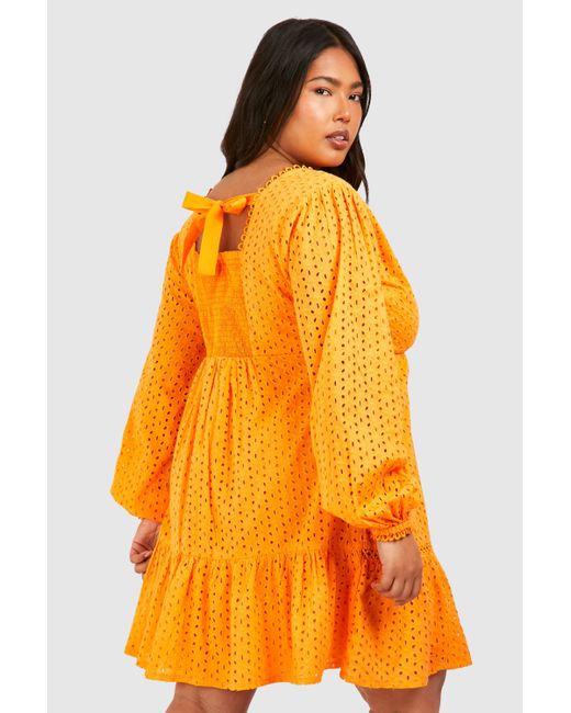 Boohoo Orange Plus Woven Broderie V Neck Long Sleeve Smock Dress
