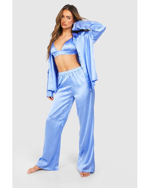 Boohoo Blue Satin 3 Piece Trouser Pyjama Set