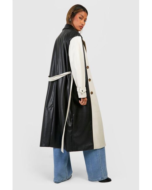Boohoo Blue Colour Block Faux Leather Trench Coat