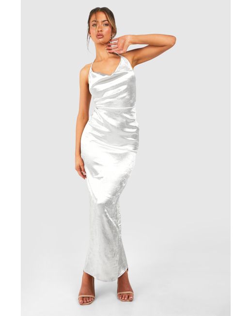 Boohoo White Textured Satin Cowl Neck Maxi Dress