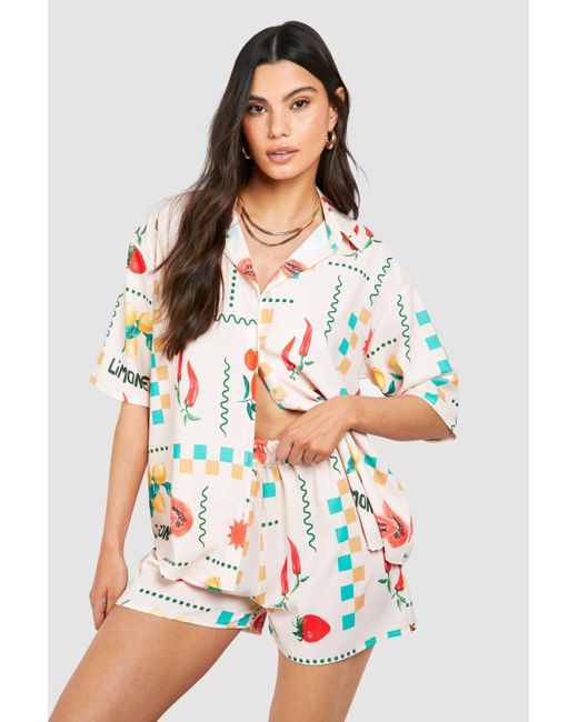 Boohoo White Hammered Fruit Print Relaxed Fit Shirt & Shorts