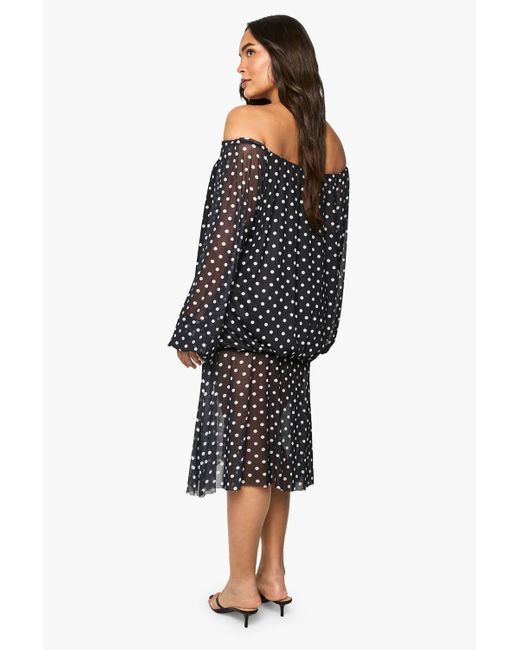 Boohoo Black Plus Mesh Polka Drop Hem Mini Dress